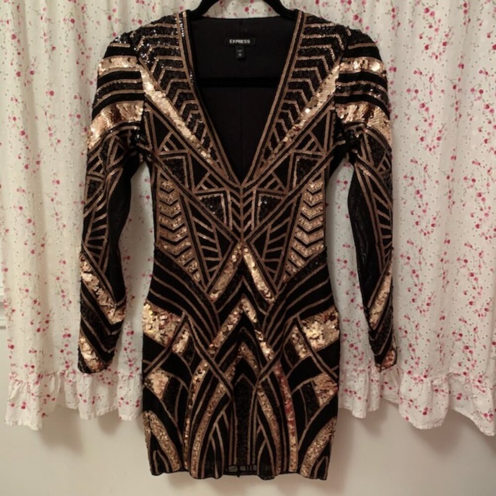 EXPRESS Black/Gold Aztec Sequined Long-Sleeve Bodycon/Fitted Mini Dress- XS